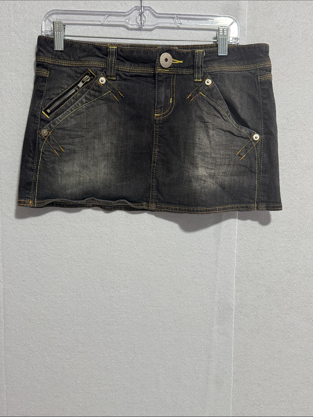 DKNY Grunge Y2K Faded Black Denim Mini Skirt with Zip Pocket